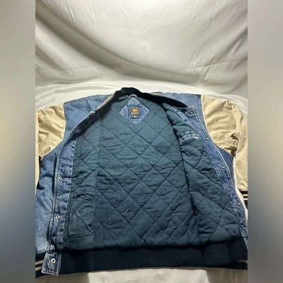 Vintage Route 66 Bomber Varsity Denim & Khaki Two-Tone Jacket XXLARGE 90s XXL - Picture 10 of 16
